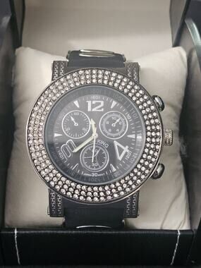 58.8mm LARGE Quartz Analog Watch Metal Tone with black Silicone bullet band